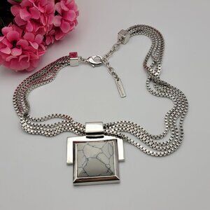 Vince Camuto Silver Tone Howlite Stone Square Pendant Statement Necklace 20" Adj